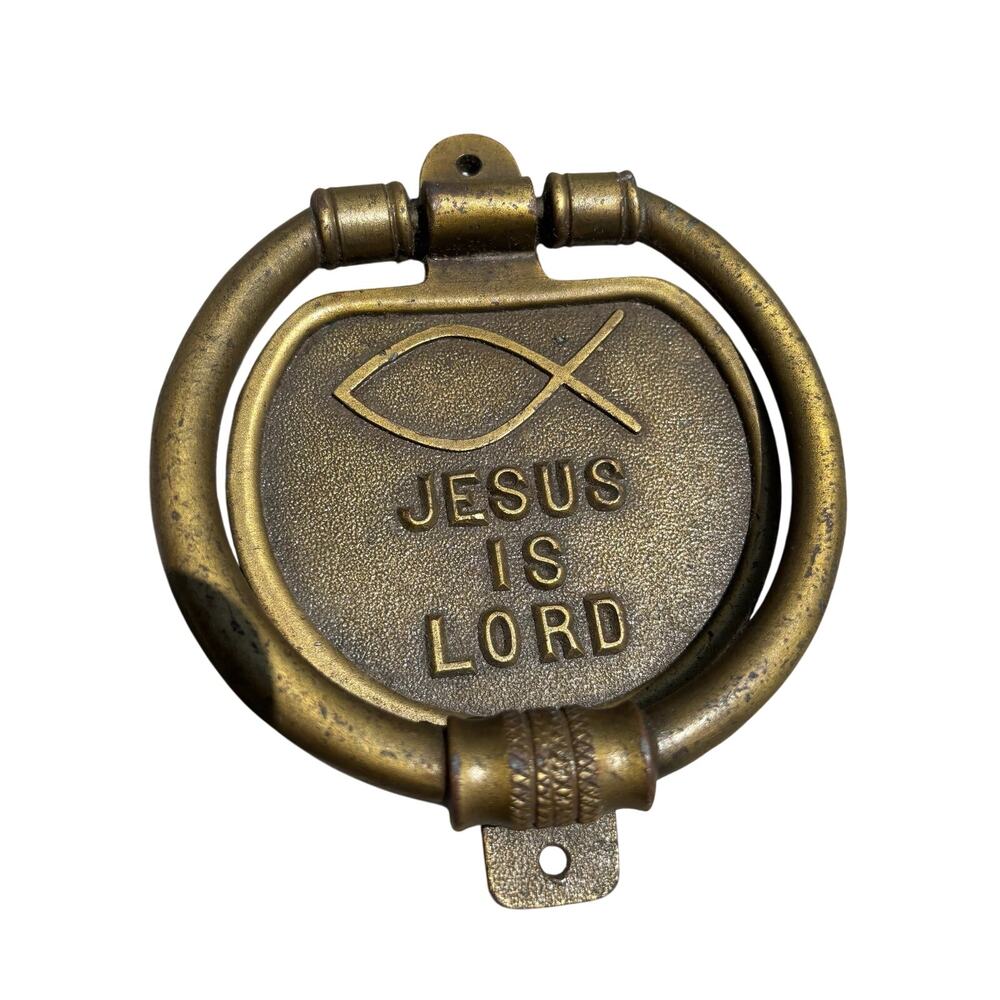 Brass Vintage Door Knocker Jesus Is Lord Ichthys Home Decor Door Knocker 3x7"